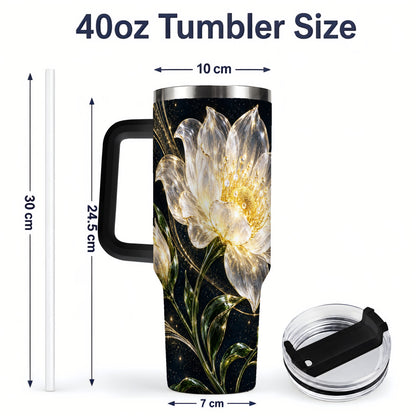 #pl[40oz|Black] Crystal Style White Flower 40oz Tumbler with Gold Botanical Artwork