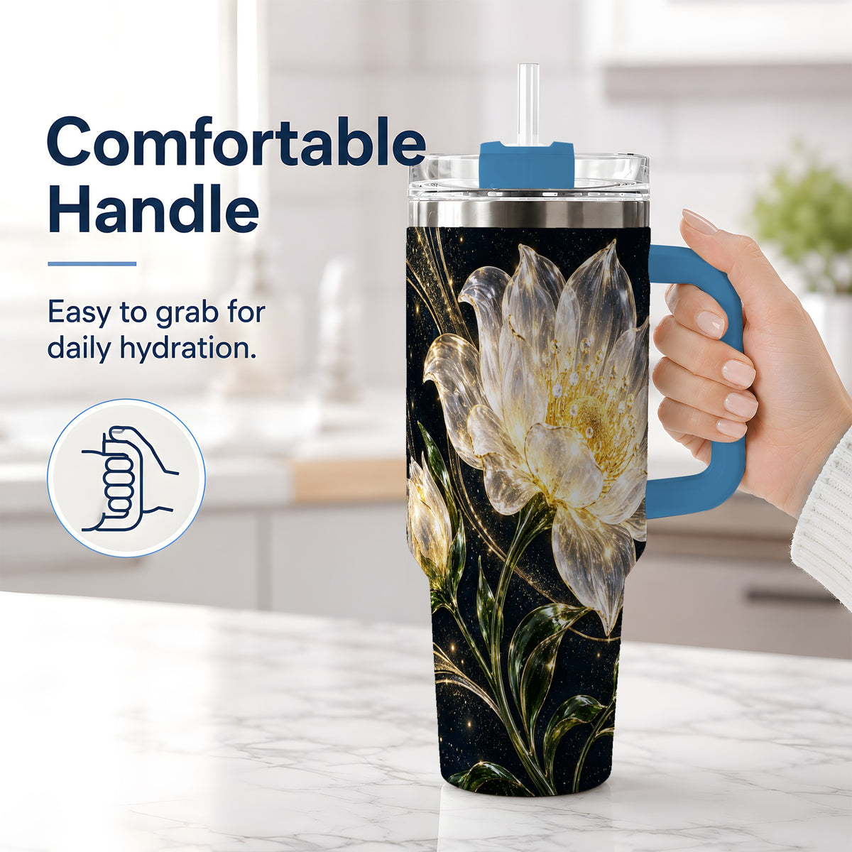 #pl[40oz|Blue] Crystal Style White Flower 40oz Tumbler with Gold Botanical Artwork