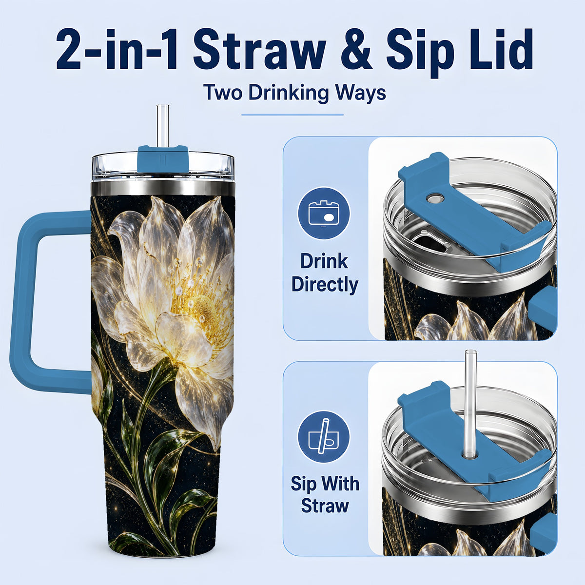 #pl[40oz|Blue] Crystal Style White Flower 40oz Tumbler with Gold Botanical Artwork