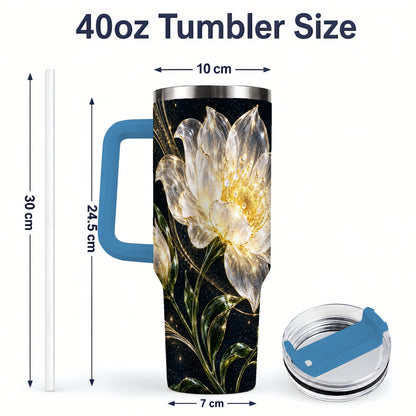 #pl[40oz|Blue] Crystal Style White Flower 40oz Tumbler with Gold Botanical Artwork