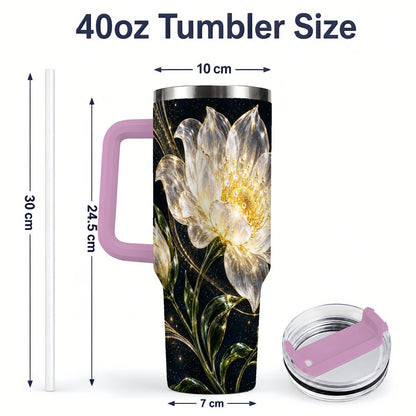#pl[40oz|Pink] Crystal Style White Flower 40oz Tumbler with Gold Botanical Artwork