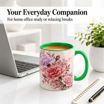 #pl[11oz|Green] Pink Purple Watercolor Floral Ceramic Mug for Flower Lovers