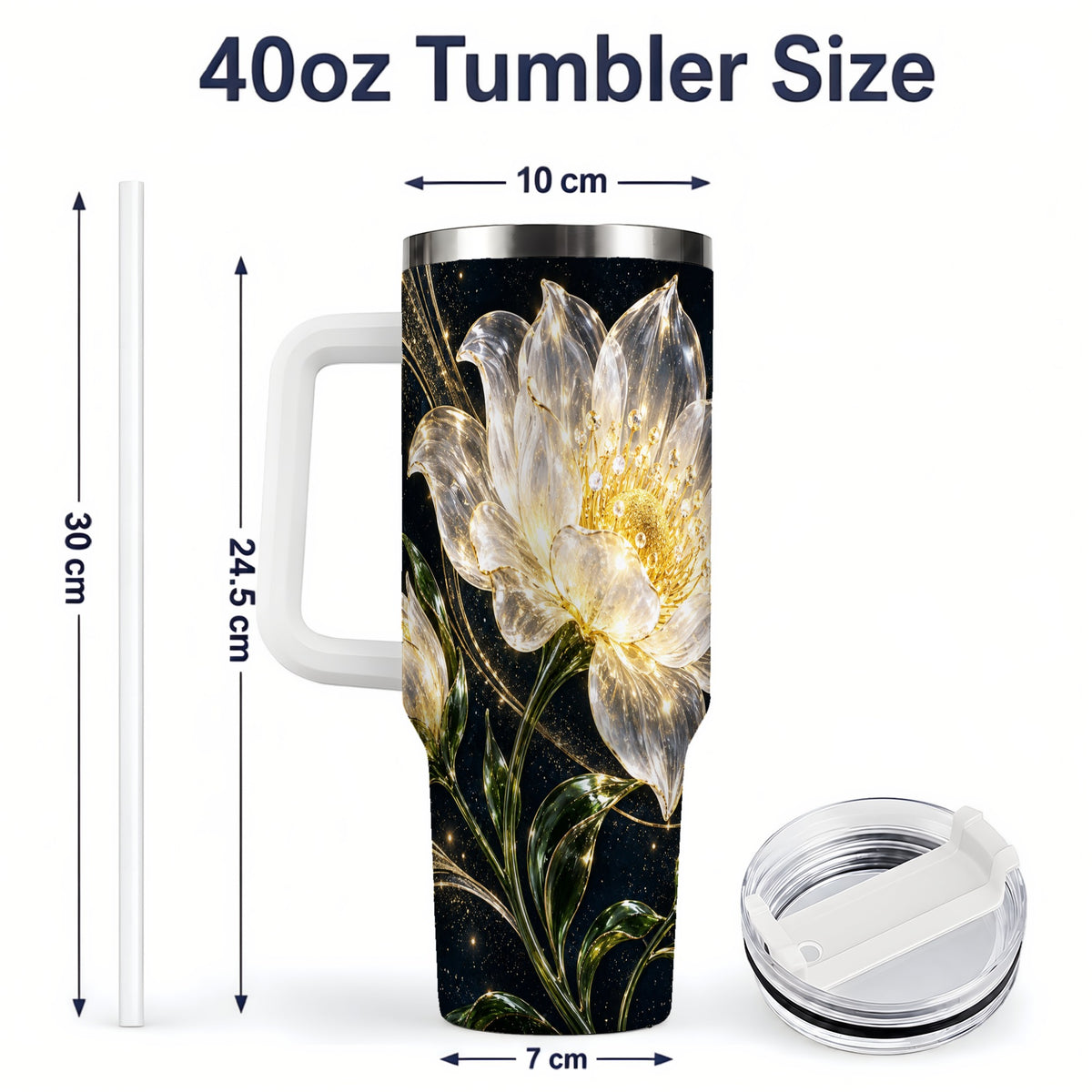 #pl[40oz|White] Crystal Style White Flower 40oz Tumbler with Gold Botanical Artwork