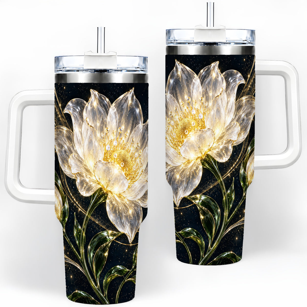 Crystal Style White Flower 40oz Tumbler with Gold Botanical Artwork
