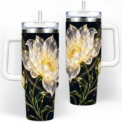 Crystal Style White Flower 40oz Tumbler with Gold Botanical Artwork