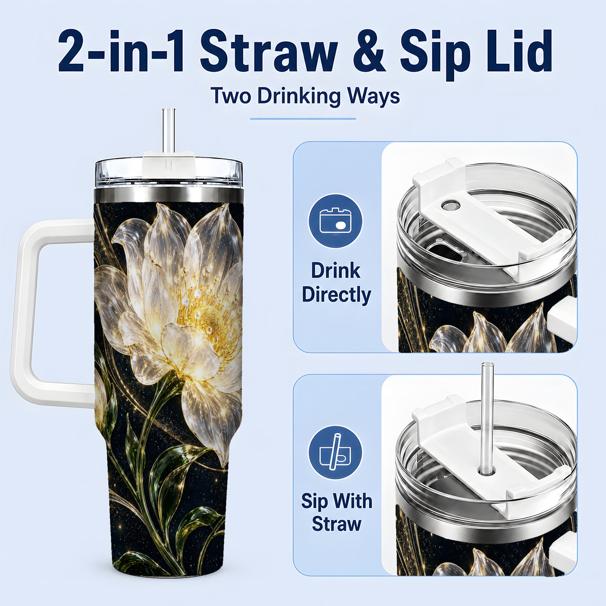 #pl[40oz|White] Crystal Style White Flower 40oz Tumbler with Gold Botanical Artwork
