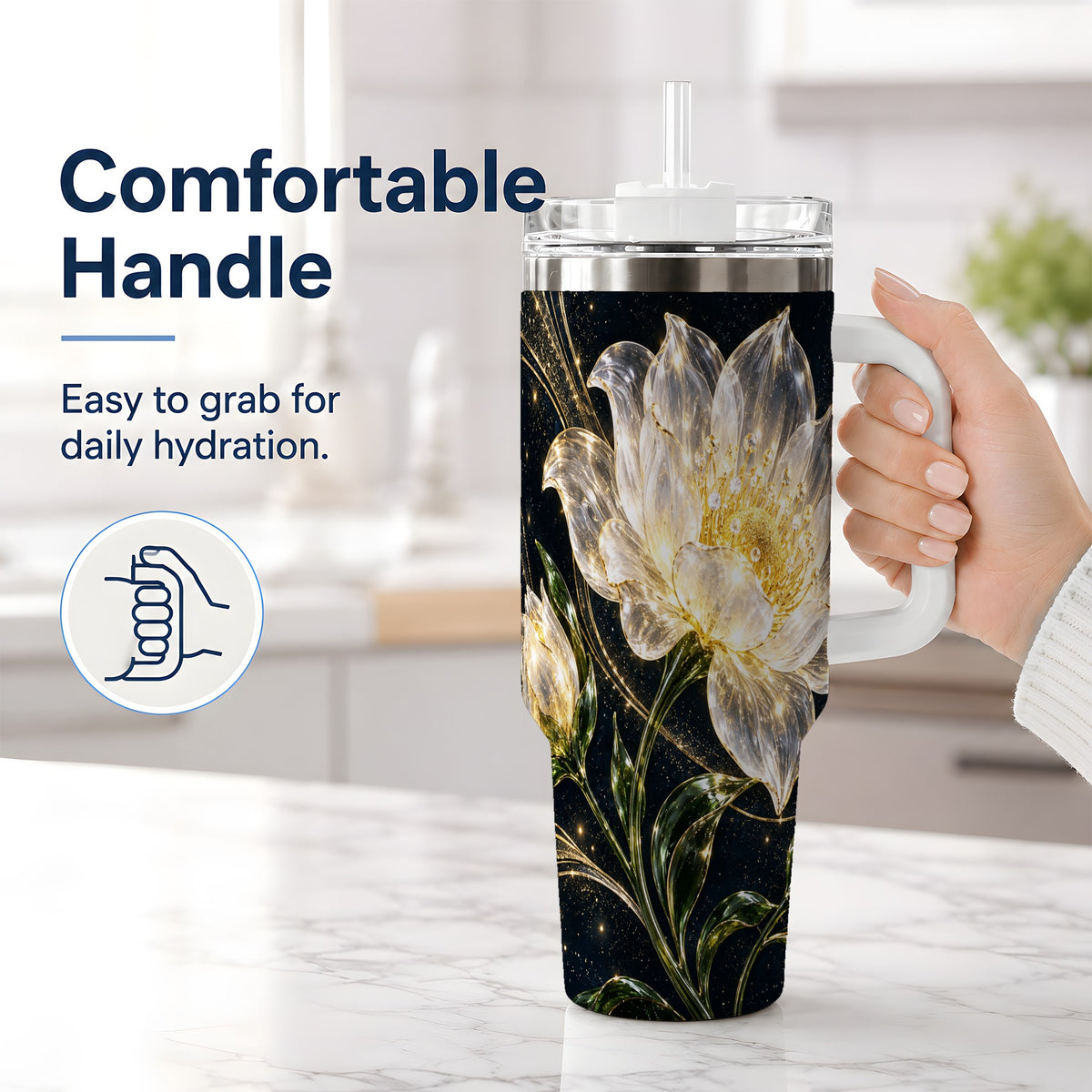 #pl[40oz|White] Crystal Style White Flower 40oz Tumbler with Gold Botanical Artwork