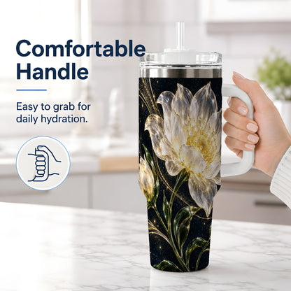 #pl[40oz|White] Crystal Style White Flower 40oz Tumbler with Gold Botanical Artwork