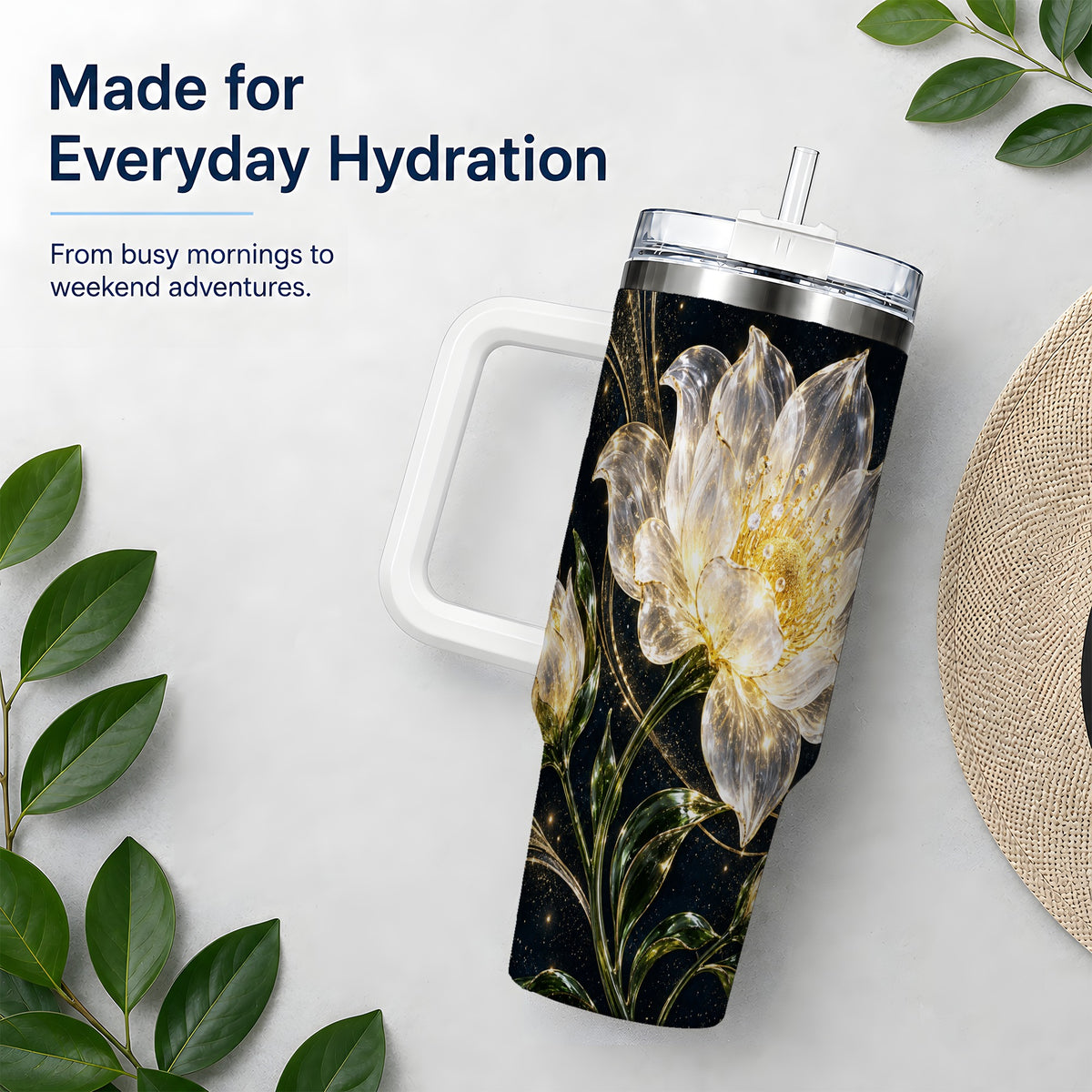 Crystal Style White Flower 40oz Tumbler with Gold Botanical Artwork