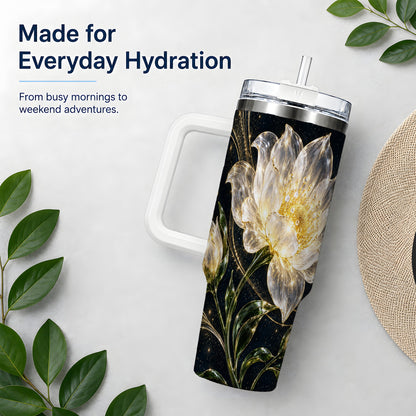 Crystal Style White Flower 40oz Tumbler with Gold Botanical Artwork