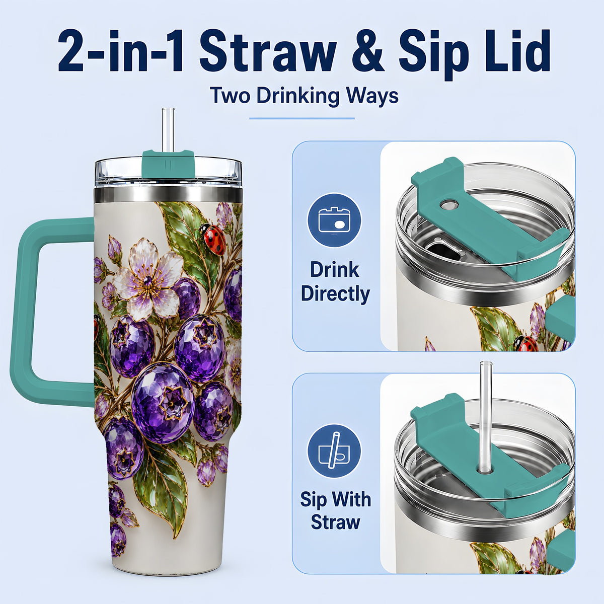 #pl[40oz|Green] Purple Berry Ladybug Garden Floral 40oz Tumbler with Botanical Artwork