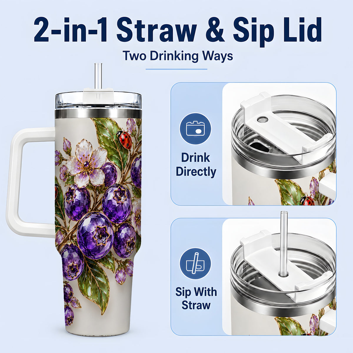#pl[40oz|White] Purple Berry Ladybug Garden Floral 40oz Tumbler with Botanical Artwork