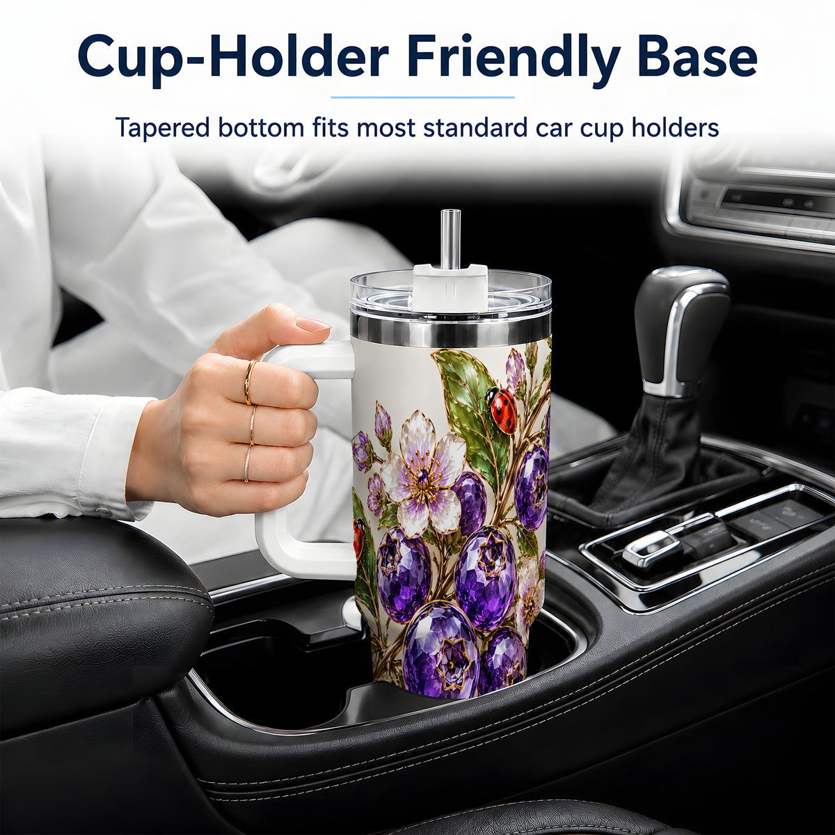 Purple Berry Ladybug Garden Floral 40oz Tumbler with Botanical Artwork