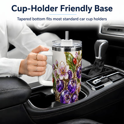 Purple Berry Ladybug Garden Floral 40oz Tumbler with Botanical Artwork