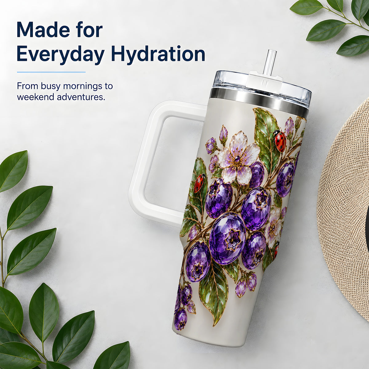 Purple Berry Ladybug Garden Floral 40oz Tumbler with Botanical Artwork