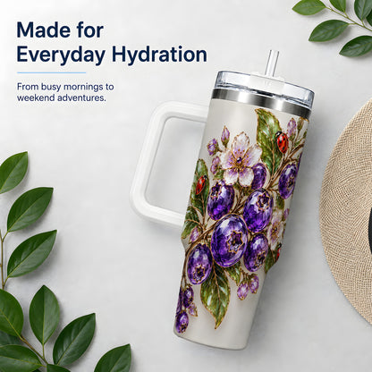 Purple Berry Ladybug Garden Floral 40oz Tumbler with Botanical Artwork