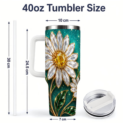 #pl[40oz|White] Jeweled Daisy Emerald Floral 40oz Tumbler Artwork for Daisy Lovers