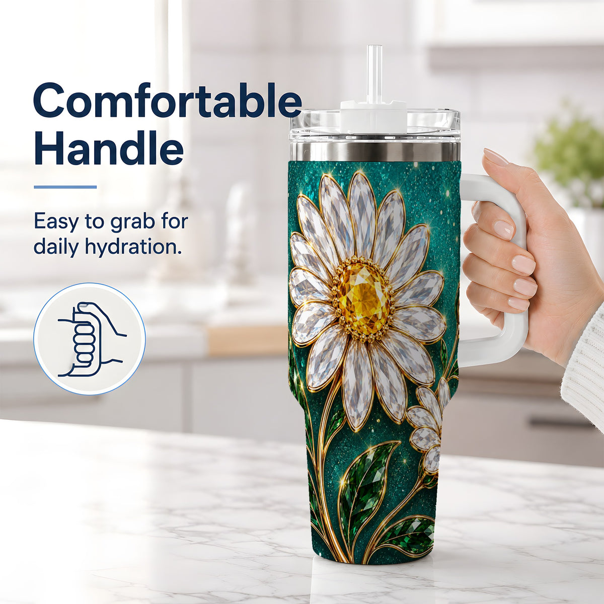 #pl[40oz|White] Jeweled Daisy Emerald Floral 40oz Tumbler Artwork for Daisy Lovers
