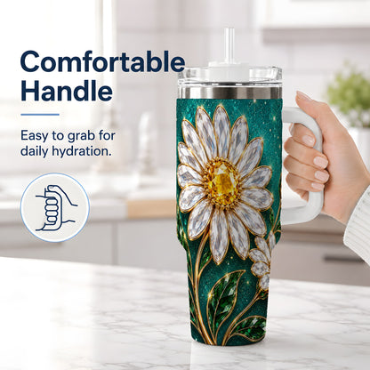 #pl[40oz|White] Jeweled Daisy Emerald Floral 40oz Tumbler Artwork for Daisy Lovers