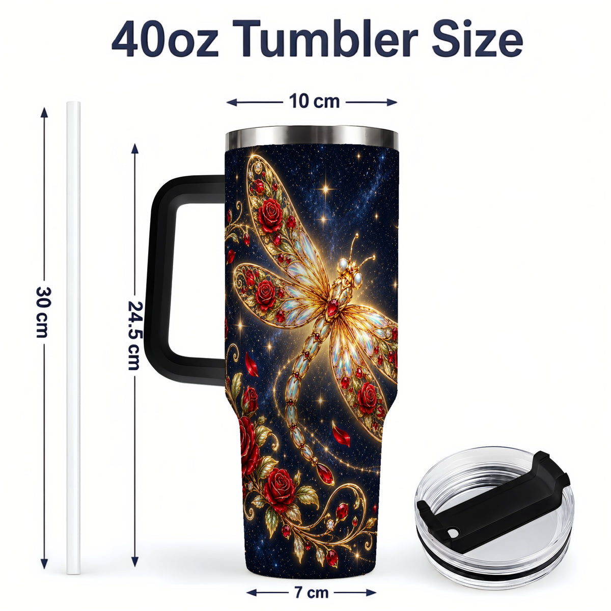 #pl[40oz|Black] Rose Dragonfly Tumbler, 40oz Stainless Steel Tumbler with Floral Moon Art