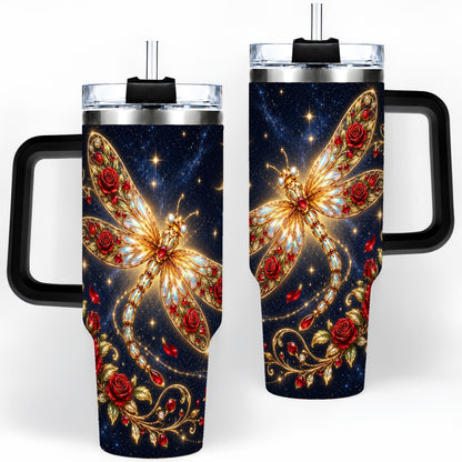 #pl[40oz|Black] Rose Dragonfly Tumbler, 40oz Stainless Steel Tumbler with Floral Moon Art