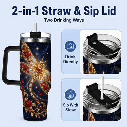 #pl[40oz|Black] Rose Dragonfly Tumbler, 40oz Stainless Steel Tumbler with Floral Moon Art