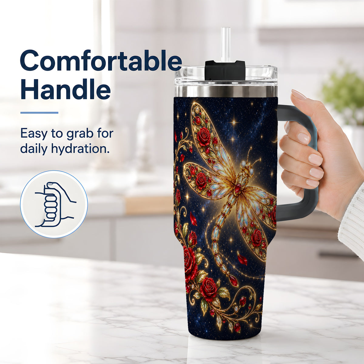 #pl[40oz|Black] Rose Dragonfly Tumbler, 40oz Stainless Steel Tumbler with Floral Moon Art