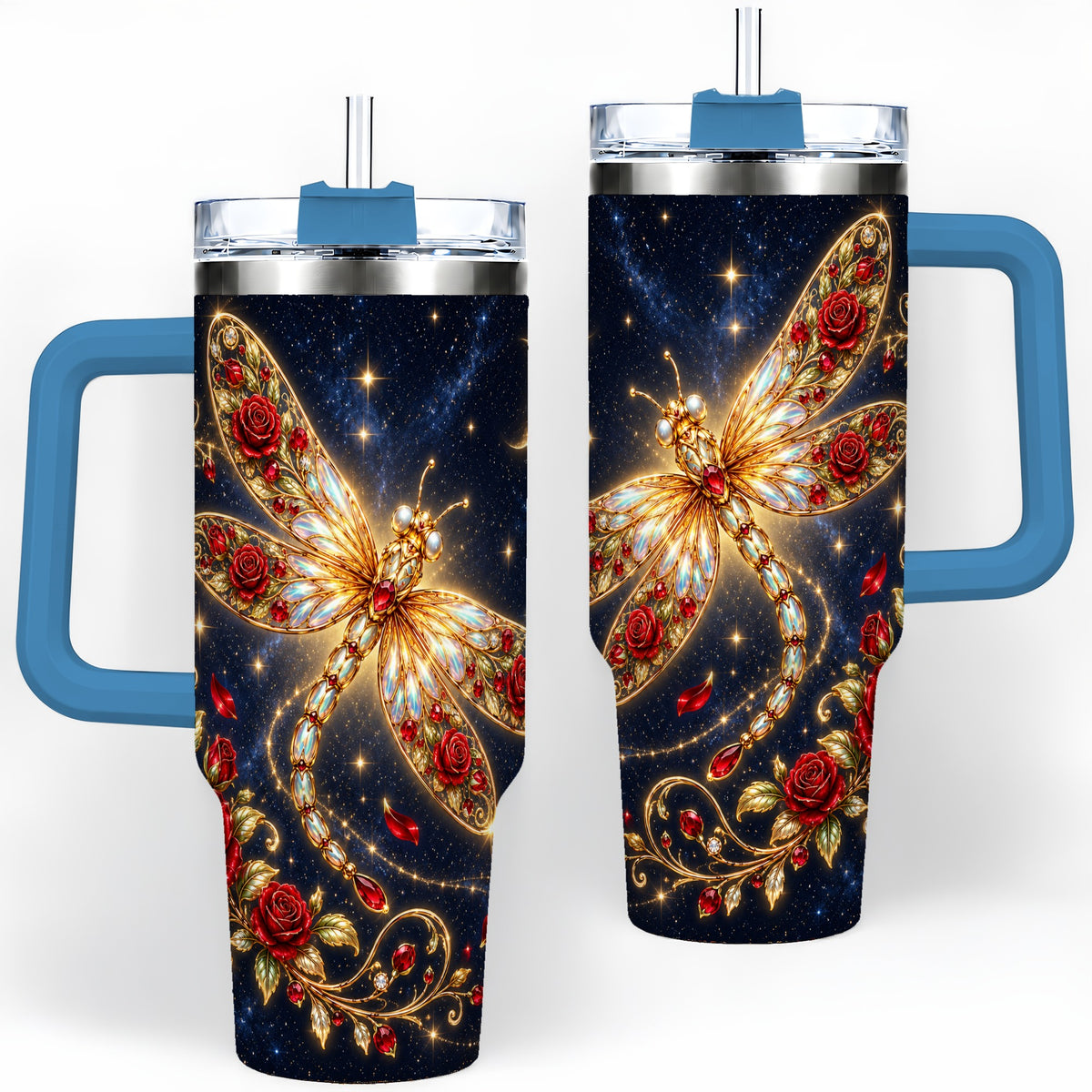 #pl[40oz|Blue] Rose Dragonfly Tumbler, 40oz Stainless Steel Tumbler with Floral Moon Art