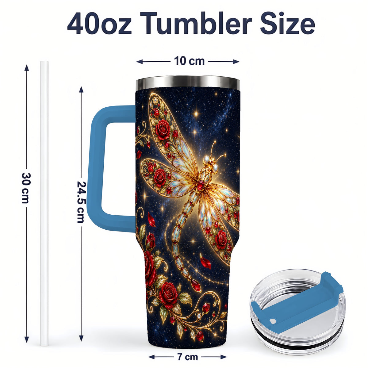 #pl[40oz|Blue] Rose Dragonfly Tumbler, 40oz Stainless Steel Tumbler with Floral Moon Art