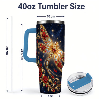 #pl[40oz|Blue] Rose Dragonfly Tumbler, 40oz Stainless Steel Tumbler with Floral Moon Art
