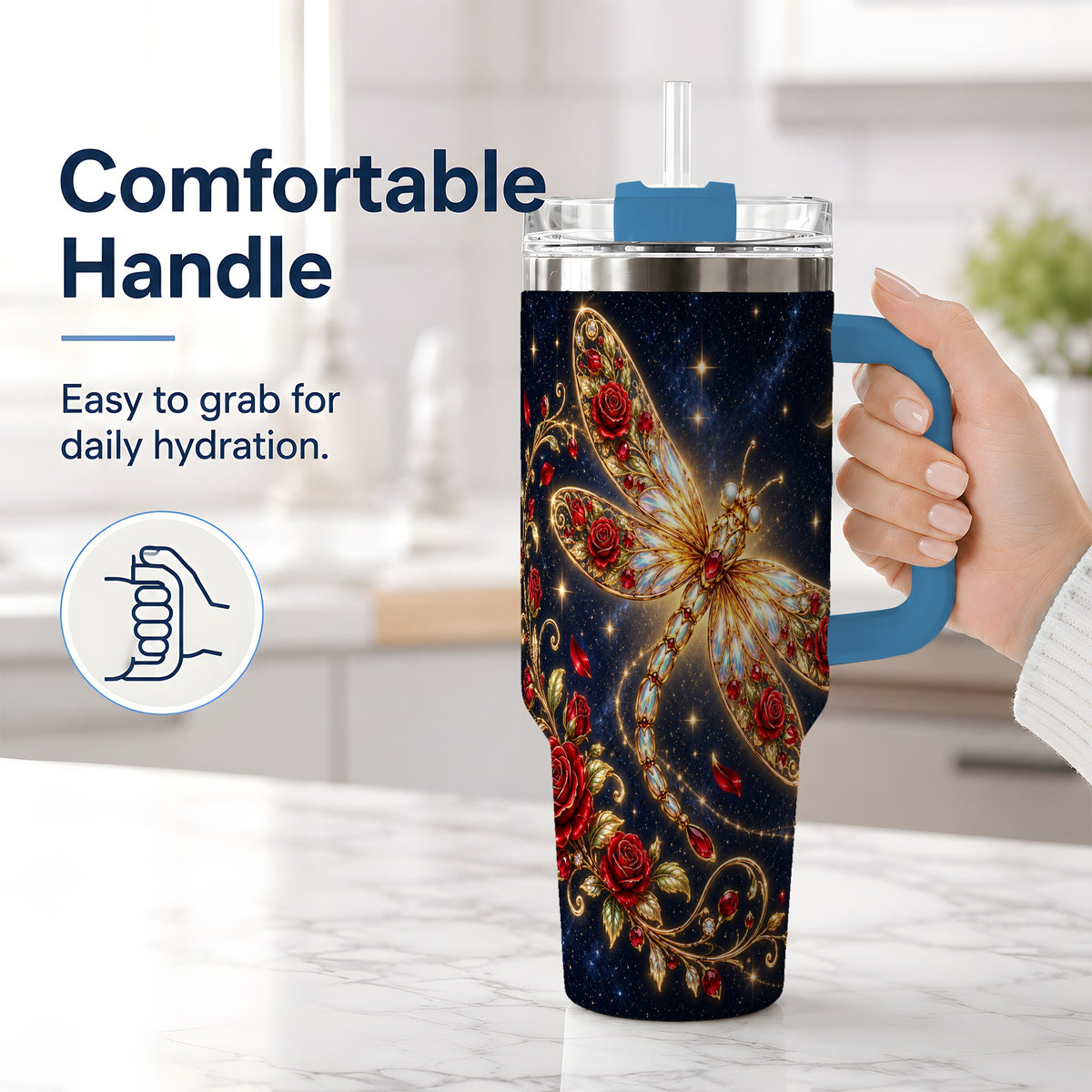 #pl[40oz|Blue] Rose Dragonfly Tumbler, 40oz Stainless Steel Tumbler with Floral Moon Art
