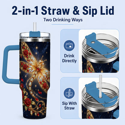 #pl[40oz|Blue] Rose Dragonfly Tumbler, 40oz Stainless Steel Tumbler with Floral Moon Art