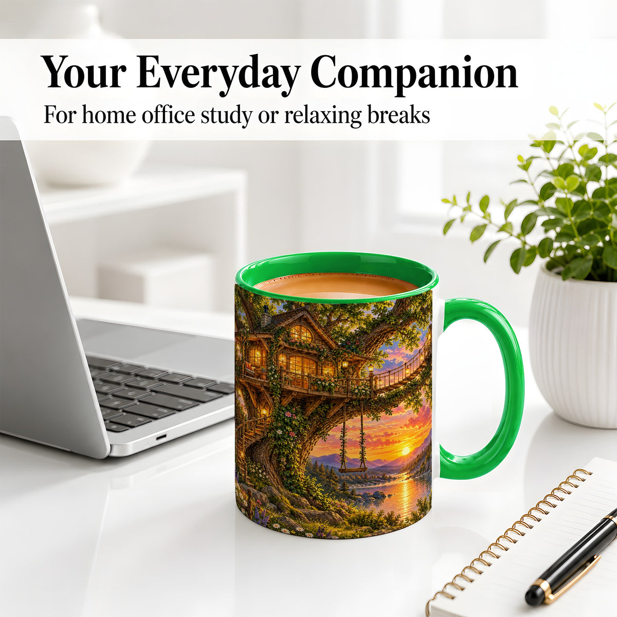 #pl[11oz|Green] Treehouse Sunset Ceramic Mug for Nature Lovers
