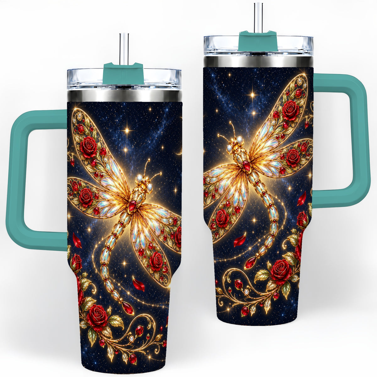 #pl[40oz|Green] Rose Dragonfly Tumbler, 40oz Stainless Steel Tumbler with Floral Moon Art