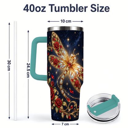 #pl[40oz|Green] Rose Dragonfly Tumbler, 40oz Stainless Steel Tumbler with Floral Moon Art
