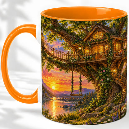 #pl[11oz|Orange] Treehouse Sunset Ceramic Mug for Nature Lovers
