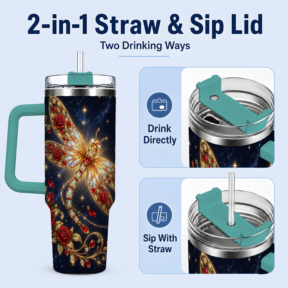 #pl[40oz|Green] Rose Dragonfly Tumbler, 40oz Stainless Steel Tumbler with Floral Moon Art