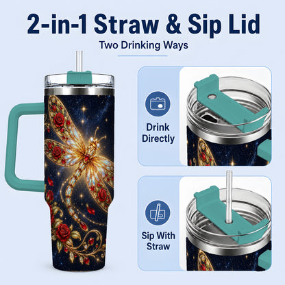 #pl[40oz|Green] Rose Dragonfly Tumbler, 40oz Stainless Steel Tumbler with Floral Moon Art