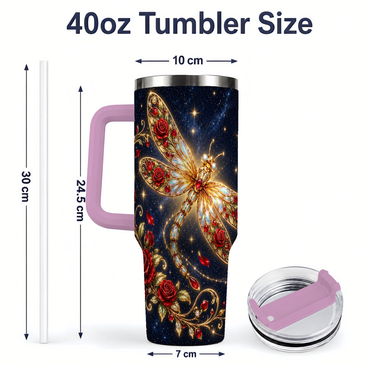 #pl[40oz|Pink] Rose Dragonfly Tumbler, 40oz Stainless Steel Tumbler with Floral Moon Art
