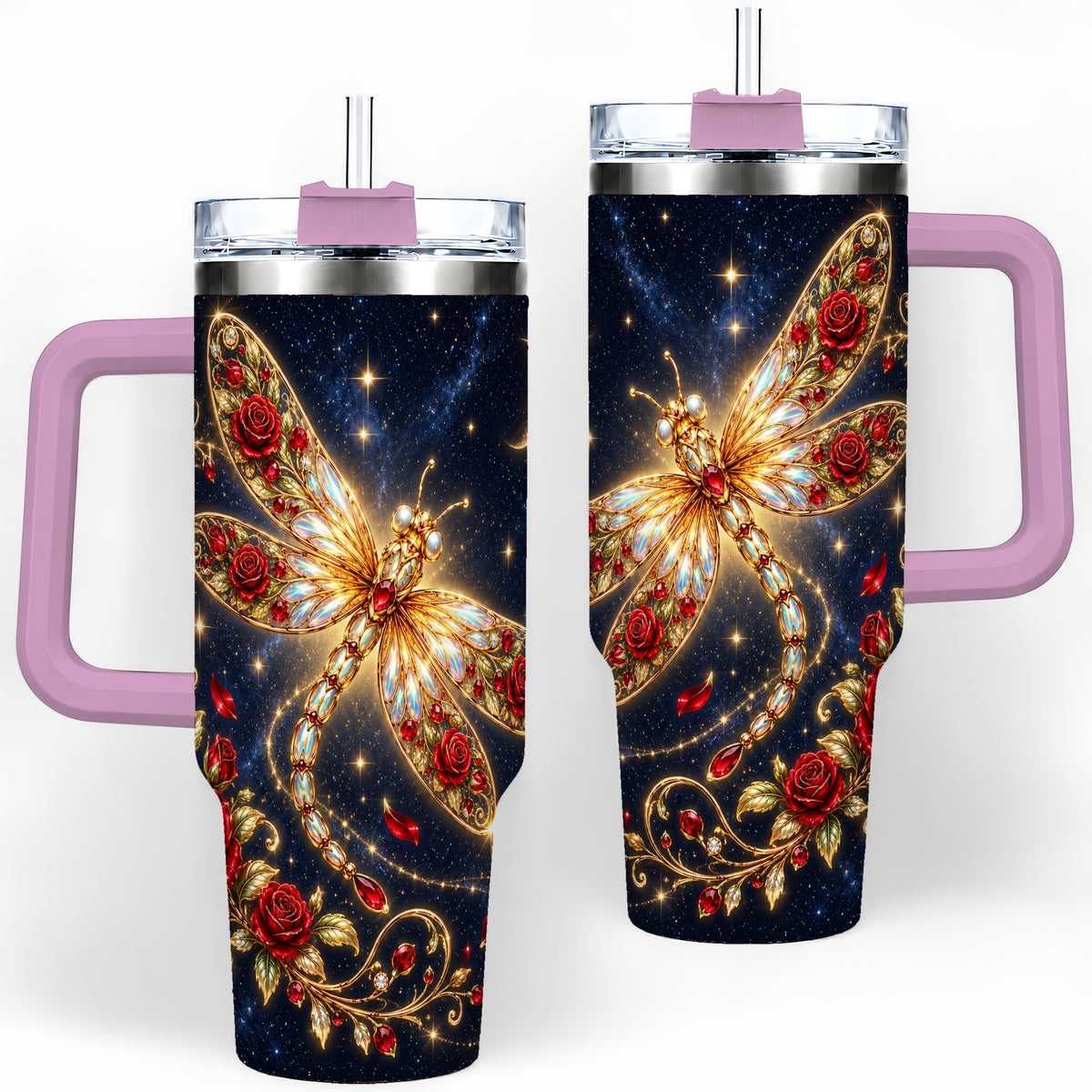 #pl[40oz|Pink] Rose Dragonfly Tumbler, 40oz Stainless Steel Tumbler with Floral Moon Art