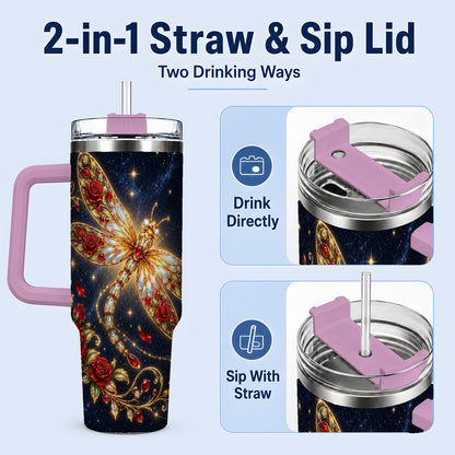 #pl[40oz|Pink] Rose Dragonfly Tumbler, 40oz Stainless Steel Tumbler with Floral Moon Art