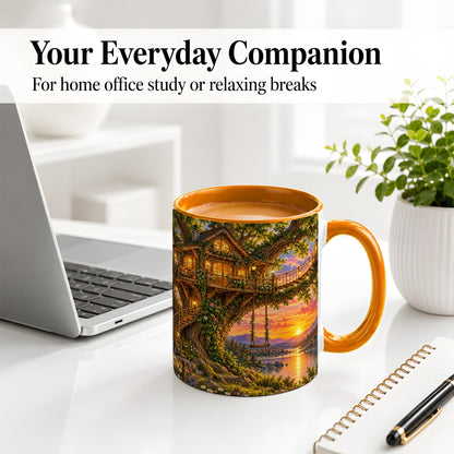 #pl[11oz|Orange] Treehouse Sunset Ceramic Mug for Nature Lovers