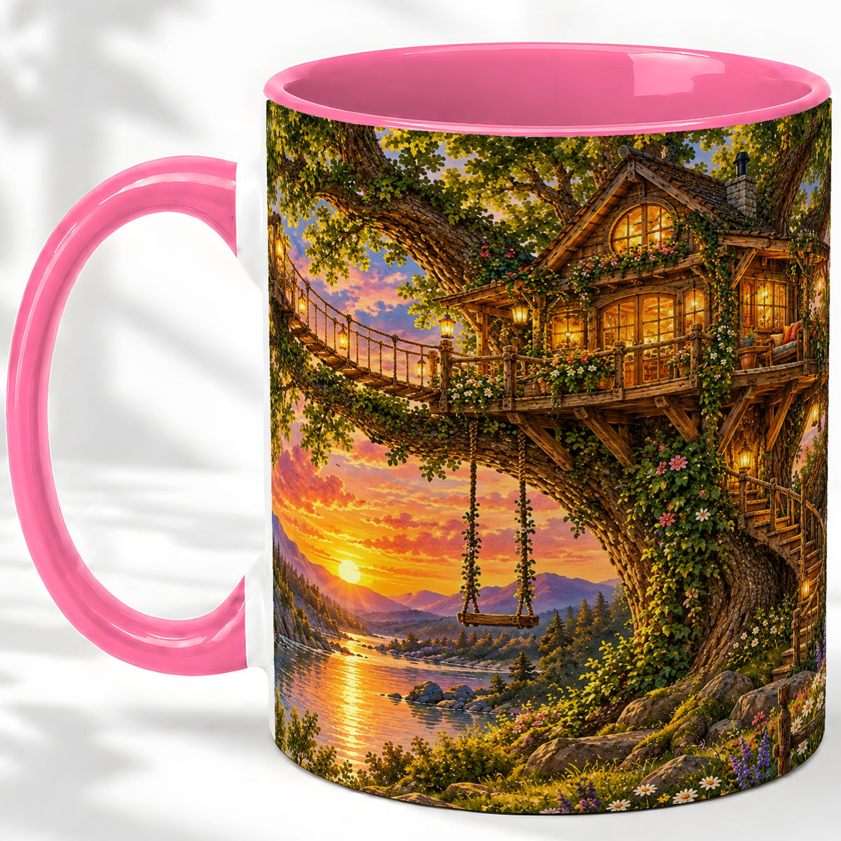#pl[11oz|Pink] Treehouse Sunset Ceramic Mug for Nature Lovers