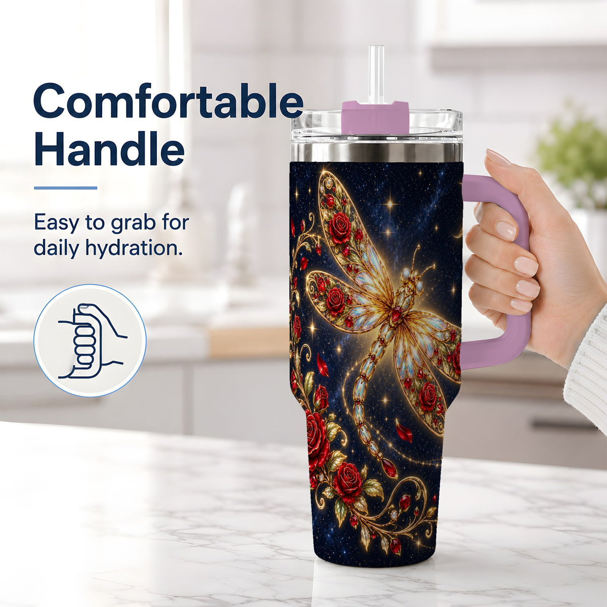 #pl[40oz|Pink] Rose Dragonfly Tumbler, 40oz Stainless Steel Tumbler with Floral Moon Art