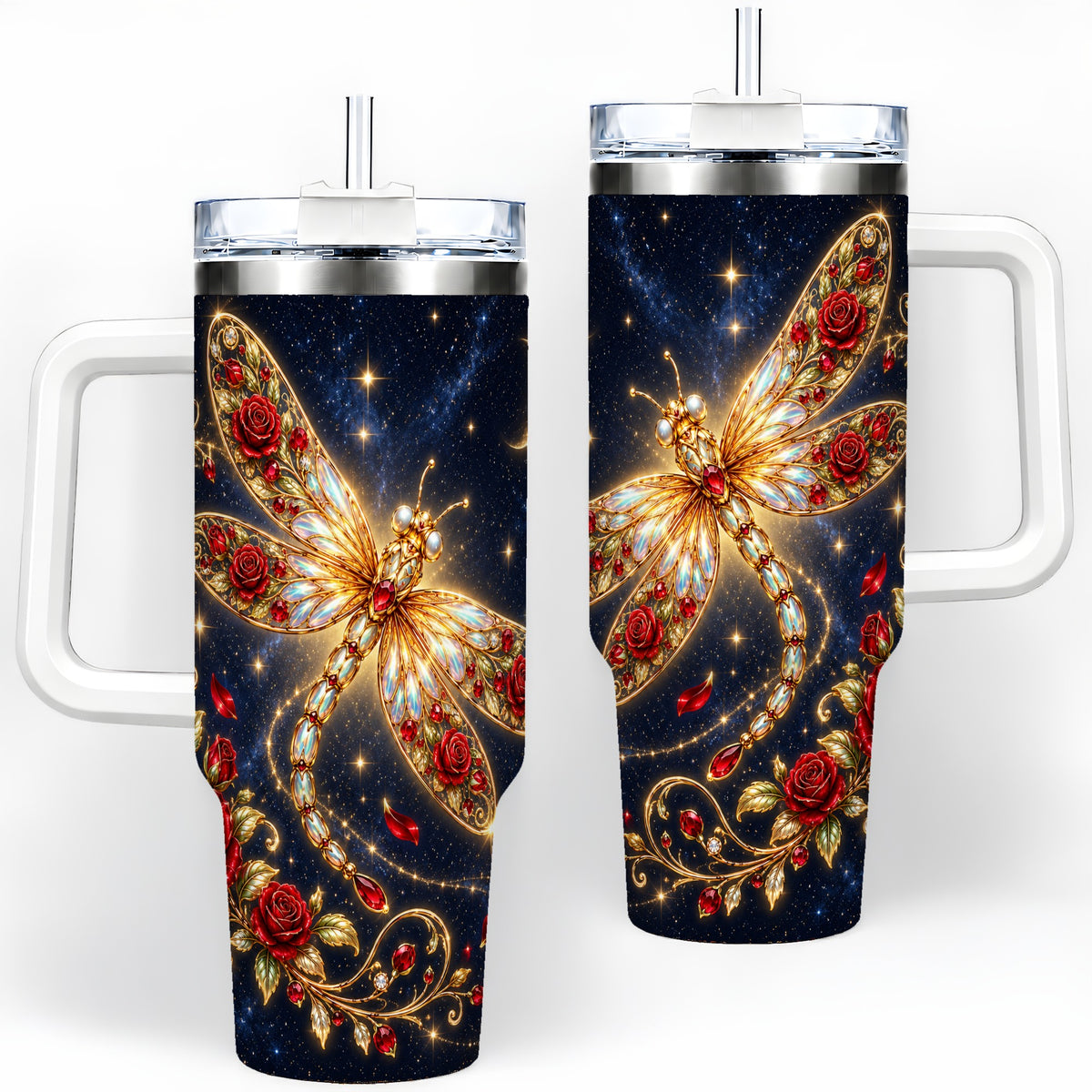 Rose Dragonfly Tumbler, 40oz Stainless Steel Tumbler with Floral Moon Art