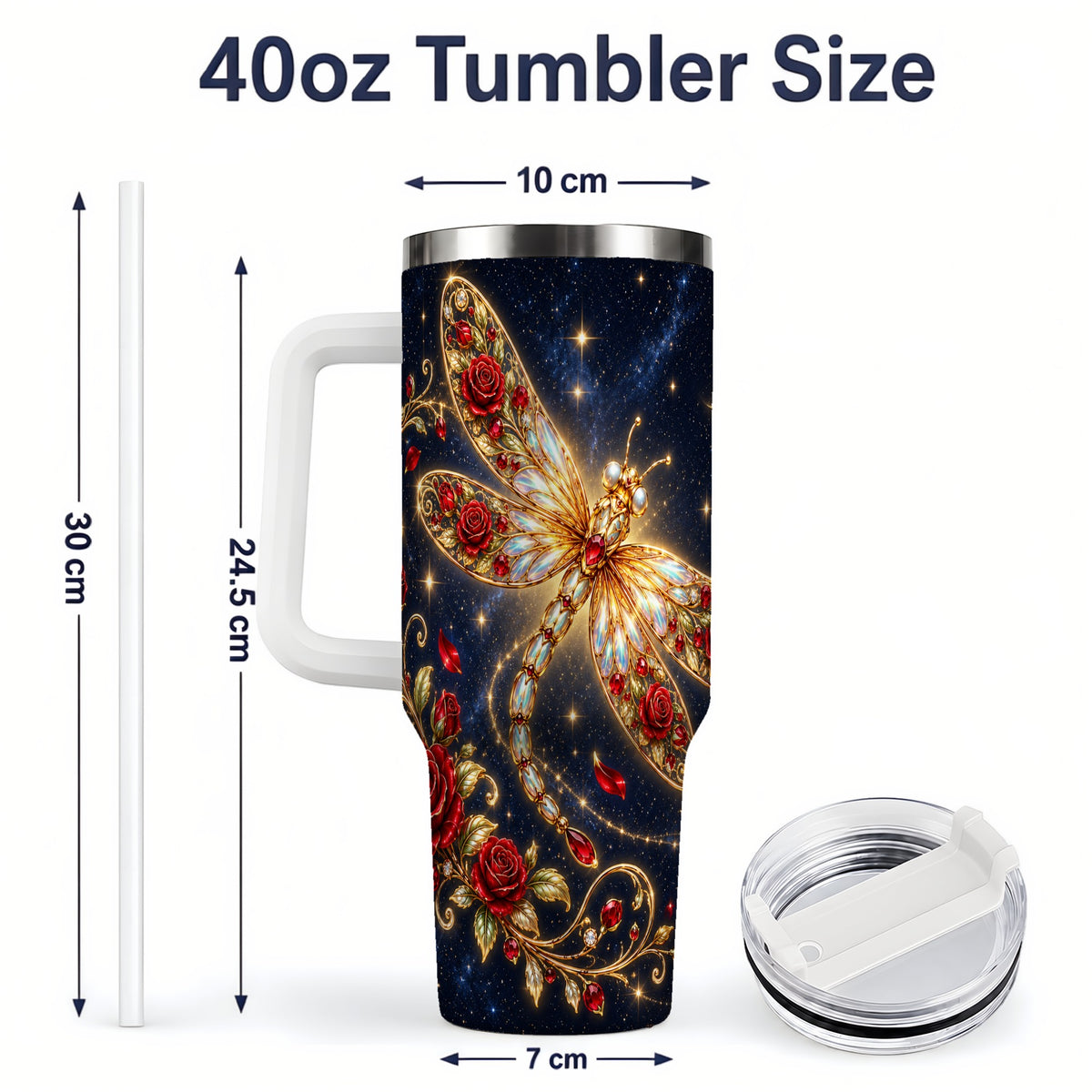 #pl[40oz|White] Rose Dragonfly Tumbler, 40oz Stainless Steel Tumbler with Floral Moon Art