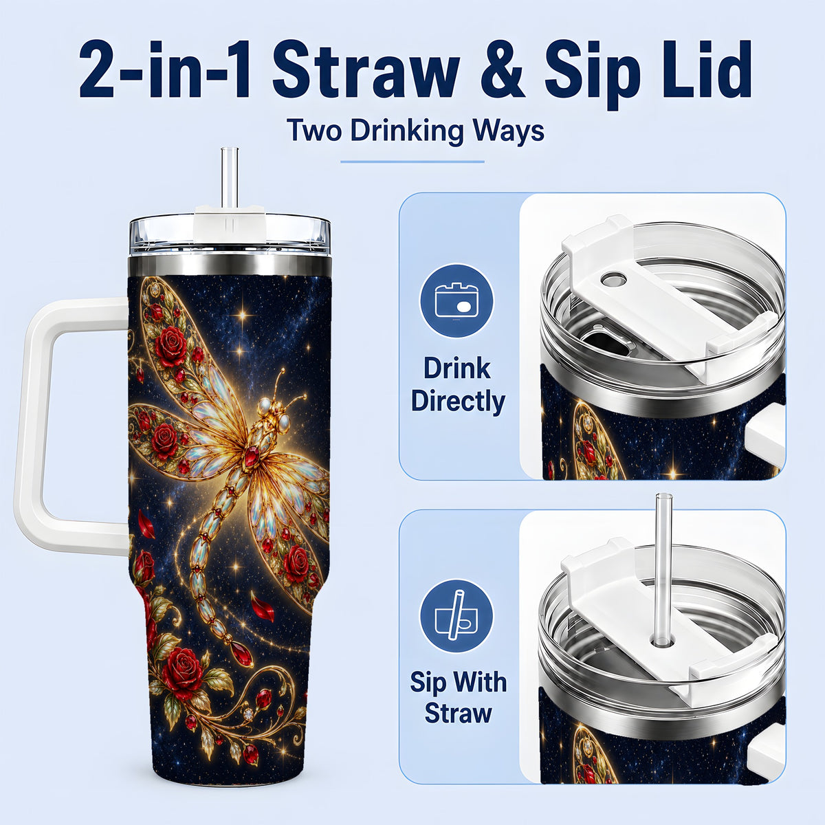 #pl[40oz|White] Rose Dragonfly Tumbler, 40oz Stainless Steel Tumbler with Floral Moon Art
