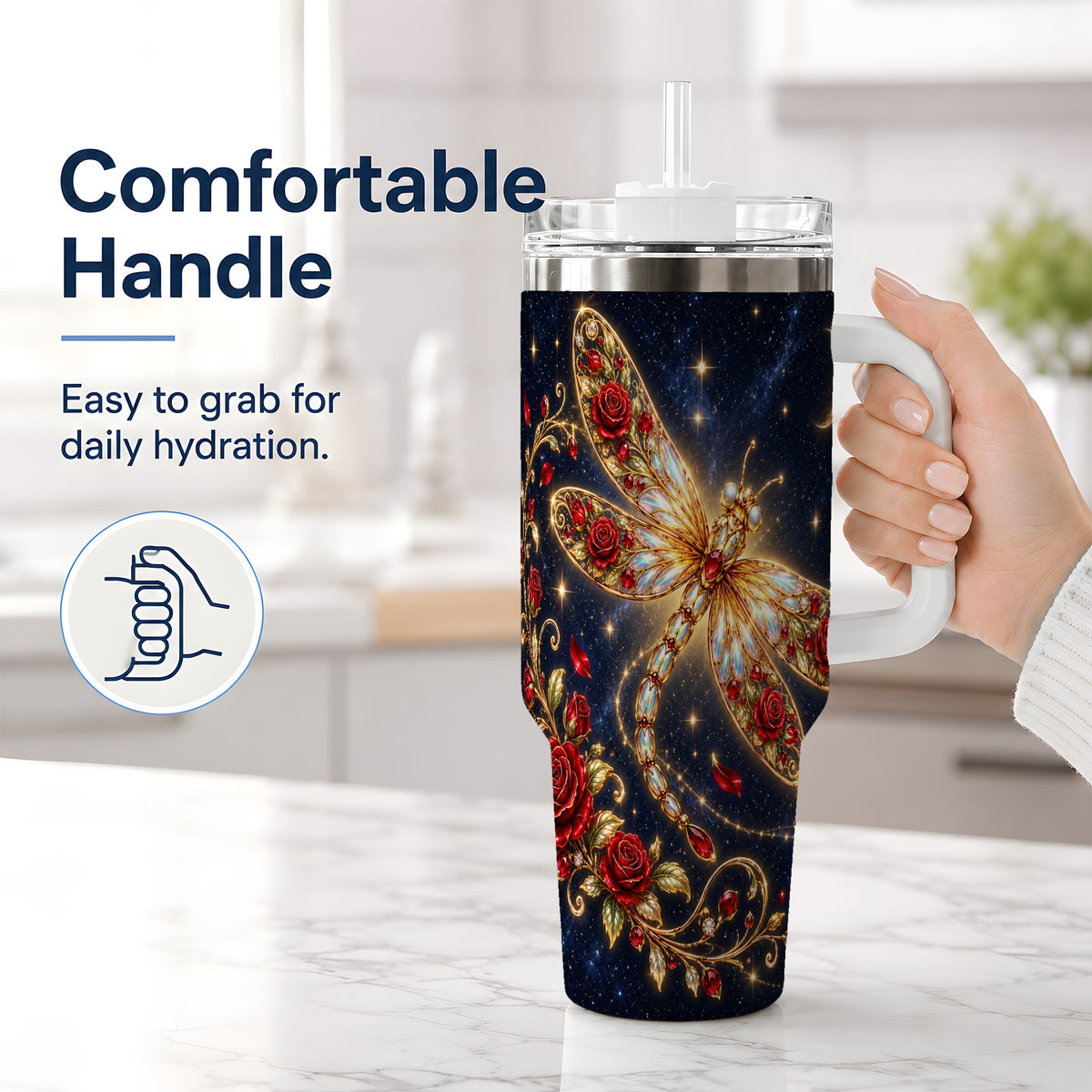 #pl[40oz|White] Rose Dragonfly Tumbler, 40oz Stainless Steel Tumbler with Floral Moon Art