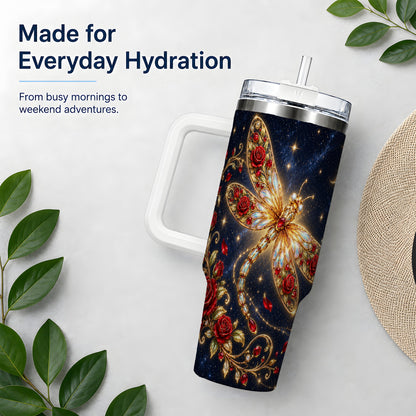 Rose Dragonfly Tumbler, 40oz Stainless Steel Tumbler with Floral Moon Art