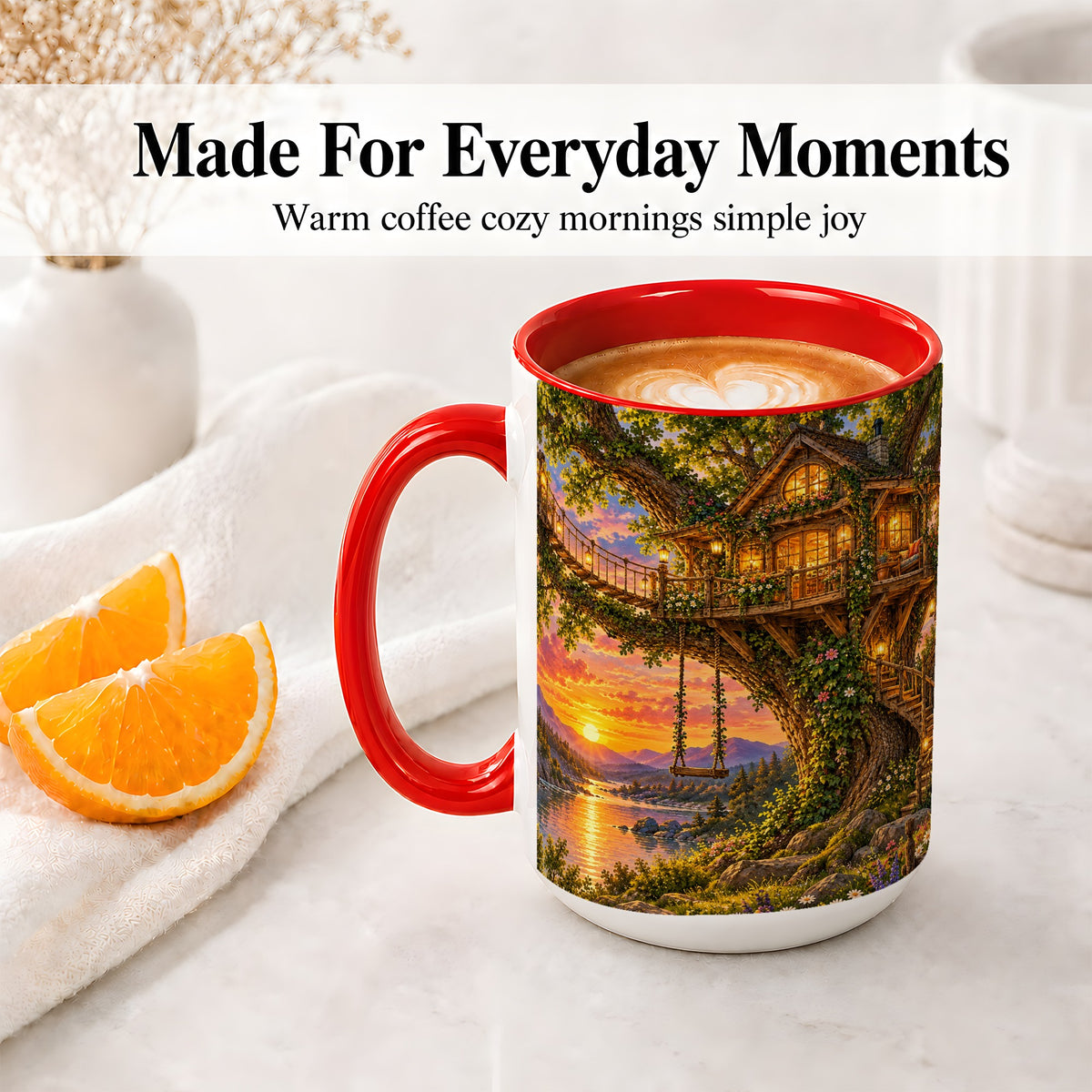 #pl[15oz|Red] Treehouse Sunset Ceramic Mug for Nature Lovers